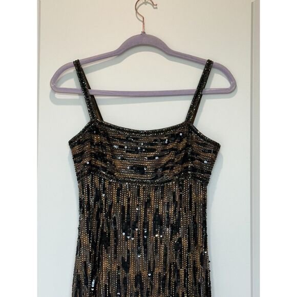 Oleg Cassini Black Tie Black and Tan 100% Silk Beaded Maxi Dress Gown Size 2 - Picture 4 of 8